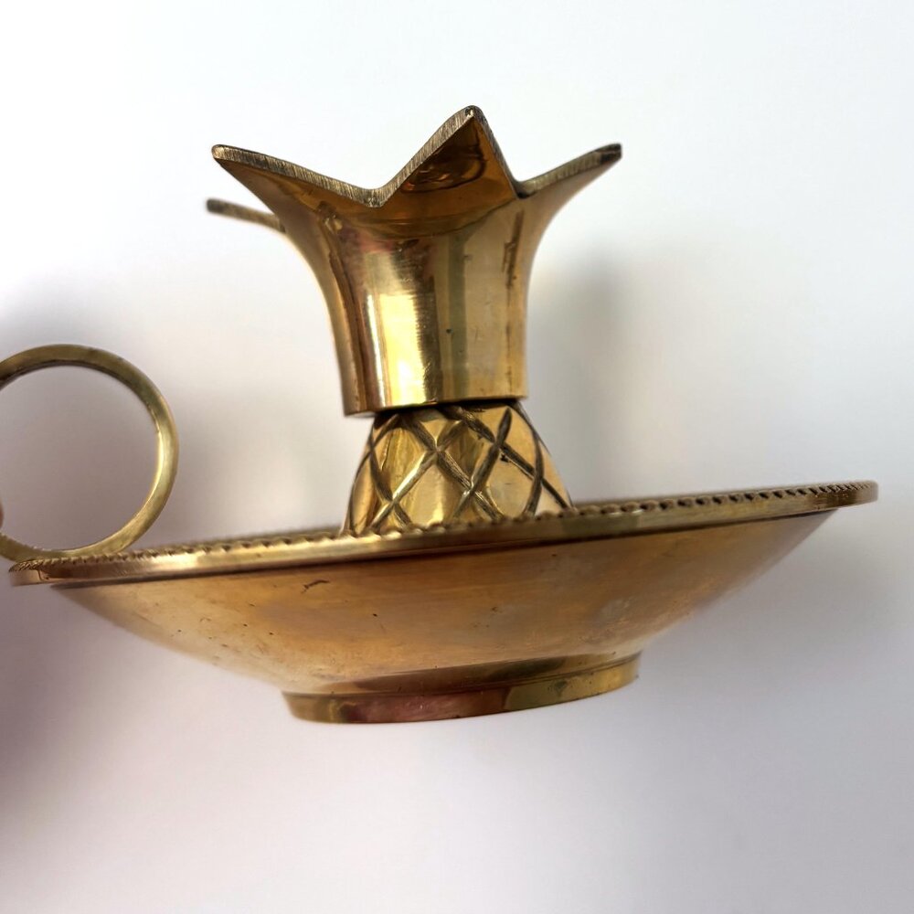 Vintage Pair Brass Pineapple Candle Stick Holder Chamberstick with Finger Ring - Picture 6 of 9